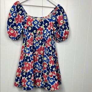 Altar’d State Womens Mini Dress S Pink Blue Floral Puffy Sleeves Stretch Ruffles